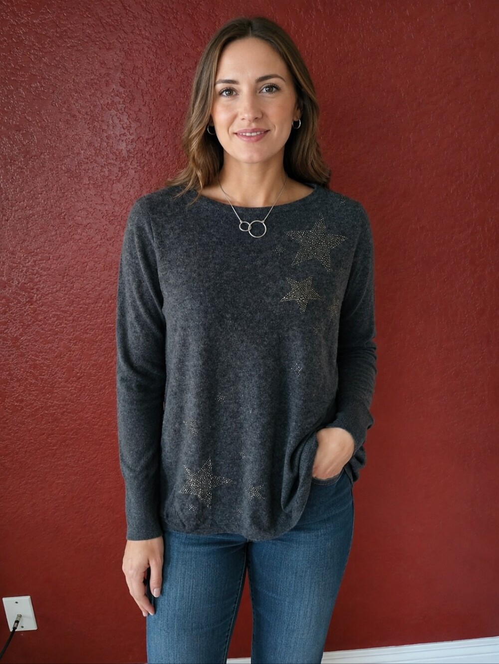 Chapter Dark Gray Crewneck Sweater with Star Embellishments